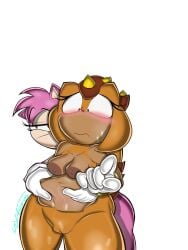 amy_rose artist_signature black_eyes blush chubby_female classic_amy_rose classic_sonic_(universe) gloves_only grabbing_another's_stomach grabbing_from_behind grabbing_stomach looking_at_partner medium_breasts naked_female nervous_sweat orange_fur pink_fur self_upload sonic_(series) sonic_the_hedgehog_(series) sweaty_butt sweaty_thighs trip_the_sungazer two-tone_fur wabbix_toons yuri