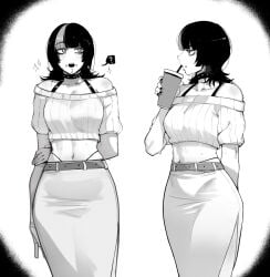 1girls 2026 ? bare_midriff bare_shoulders black_and_white black_hair breasts clothed clothing curvy curvy_figure digital_media_(artwork) fully_clothed hair hi_res hoshi_kirara jujutsu_kaisen looking_away masoq095 monochrome mouth_open one_arm_behind_back simple_background solo stomach viewed_from_above white_background