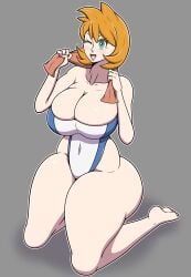 ;d aged_up alternate_breast_size aqua_eyes bare_shoulders barefoot blue_eyes blush breasts bursting_breasts casual_one-piece_swimsuit cleavage clothing collarbone competition_swimsuit covered_navel curvy female full_body green_eyes grey_background highleg highleg_swimsuit huge_breasts kasumi_(pokemon) kneeling large_breasts mature_female misty_(pokemon_hgss) one-piece_swimsuit one_eye_closed open_mouth orange_hair pokemon pokemon_gsc pokemon_hgss short_hair simple_background skindentation smile solo strapless strapless_one-piece_swimsuit swimsuit thick_thighs thighs towel towel_around_neck two-tone_swimsuit uncognitoart white_one-piece_swimsuit white_outline wide_hips