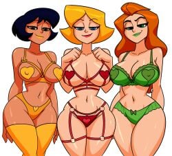 2026 2d 2d_(artwork) 2d_artwork 3girls alex_(totally_spies) bikini black_hair blonde_hair bra clover_(totally_spies) dark-skinned_female dark_skin green_lipstick light-skinned_female light_skin lipstick looking_at_viewer orange_hair panties red_lipstick sam_(totally_spies) totally_spies wallyroo yellow_lipstick