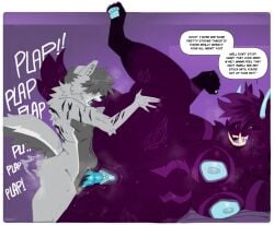 1boy 1girls animal_genitalia animal_penis anthro anthro_on_anthro anthro_penetrated anthro_penetrating anthro_penetrating_anthro belly big_breasts big_fangs blue_horn blue_nipples blue_penis breasts canid canine canine_genitalia canine_penis canis dialogue duo english_text fangs felid feline female female_penetrated fur genitals grey_body grey_fur hi_res horn huge_breasts huge_thighs larger_female leg_glider_position male male/female male_penetrating male_penetrating_female mammal monster nipples overweight overweight_anthro overweight_female penetration penile penile_penetration penis penis_in_vagina plap purple_body purple_fur raised_leg roly sex size_difference smaller_male teeth text thick_thighs vaginal_penetration wolf zai_(cinnus)