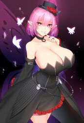 1girls black_dress bursting_breasts butterfly chixiao choker cleavage dress earrings elf elf_ears eyebrows_visible_through_hair female female_only finger_to_mouth frilled_dress frills hat heart-shaped_pupils huge_breasts large_breasts lucid_(maplestory) maplestory pink_eyes pink_hair pointy_ears ring roses short_hair smile solo standing