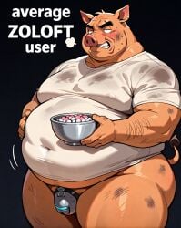 2d 2d_(artwork) ai_generated anime anthro bellybutton brown_fur chastity_cage chastity_device clothed comfyui cuckold dirty dirty_clothes drugs fat fat_male funny furry lambai11 obese obese_anthro obese_male pig pig_ears pig_tail porcine shitpost tail ugly_bastard ugly_man what white_shirt why wtf