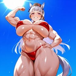 abs ai ai_generated big_breasts flexing flexing_bicep gold_ship_(umamusume) huge_breasts muscles muscular_female red_bikini simpynk six_pack solo umamusume