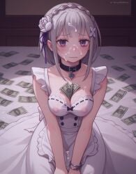 ai_assisted artist_name bangs between_breasts braid breasts cleavage collar covered_nipples cum cum_on_body cum_on_breasts elf emilia_(re:zero) facial female flower hair_flower hair_ornament indoors ko-fi_username looking_at_viewer medium_breasts money pointy_ears prostitution purple_eyes re:zero_kara_hajimeru_isekai_seikatsu ribbon solo twitter_username watashinogovno wavy_mouth