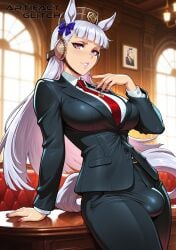 ai_generated artifactglitch balls bangs big_breasts bowtie bulge bulge_through_clothing desk dickgirl futanari gold_ship_(umamusume) hand_on_desk hand_over_breast hat headgear horse_ears horse_girl horse_tail leaning lipstick long_hair looking_at_viewer penis pink_eyes pink_nails red_tie smile suit suit_and_tie tail tight_clothing umamusume umamusume_pretty_derby watermark white_hair