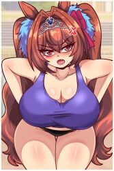 1girls anger_vein angry_face big_breasts breasts brown_hair cygames daiwa_scarlet_(umamusume) female light-skinned_female light_skin long_hair seireiart umamusume umamusume_pretty_derby