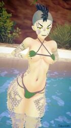 1girls arrancon black_hair black_hair_female crocodile_girl faunus half-dressed half_naked half_naked_female mohawk pool rwby solo_female tock_(rwby) yellow_eyes