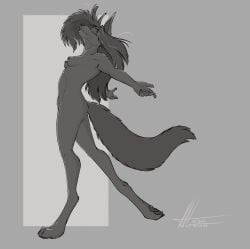 4_toes anthro breasts canid canine canis charity_cross commandercross ear_piercing feet female hi_res industrial_piercing mammal navel nipple_piercing nipples on_one_leg pawpads paws piercing side_view solo spread_arms standing toes wolf