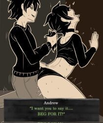 1boy 1girls 2d andrew_graves ashley_graves ass bent_over black_hair brother_and_sister choker clothed dialogue dry_humping english_text female foreplay fuzzlogik grinding incest male panties ponytail ponytail_pull pulling_hair pulling_ponytail siblings straight teasing the_coffin_of_andy_and_leyley tongue tongue_out