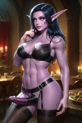 1girls abs ai_generated bra breasts dominant dominant_female dominatrix elf elf_ears elf_female elf_girl eyes female femdom front_view garter_straps hands_free legs lips mommy night_elf nose nude pegging presenting_strap-on solo solo_female standing stockings stomach strap-on strapon thighs tyrande_whisperwind warcraft world_of_warcraft