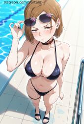 ai_generated bikini black_bikini blush breasts brown_eyes brown_hair choker cleavage collarbone eyewear_on_head female from_above jujutsu_kaisen kugisaki_nobara large_breasts looking_at_viewer nail_polish navel nobara_kugisaki pool pool_ladder pout sandals short_hair solo sunglasses swimsuit thigh_strap vortalis water wet
