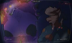 anthro breasts canid canine canis claws damage duo female fox growth hi_res hyper invalid_tag male mammal megfluff nipples pixel science_fiction size_difference teeth toony wolf