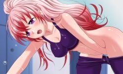 clothed female_masturbation female_only fingering gym_clothes masturbation mimik_arte pink_hair purple_eyes skye_kisaragi sports_bra standing_masturbation virtual_youtuber vtuber