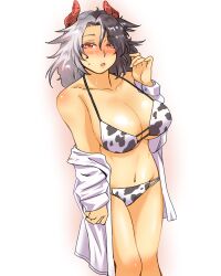 1girls big_breasts black_hair clothed cow_print dokutaa_hakase female red_eyes tagme touhou urumi_ushizaki white_hair