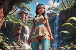 1girls ai_generated artist_name black_hair blue_sky blue_thighhighs braid breasts brown_dress building cleft_of_venus closed_eyes cloud dark-skinned_female dark_skin day disney dress feather_hair_ornament feathers female fringe_trim from_below garter_straps hair_ornament hat_feather hi_res lips long_hair medium_breasts native_american no_panties nose outdoors parted_lips patreon_username peter_pan_(disney) plant progenarts pussy sky solo standing thighhighs tiger_lily tree tribal twin_braids uncensored water waterfall watermark web_address