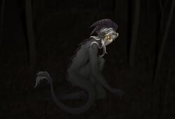 artistic_nude artistic_nudity creepy dark_background forest glowing_eyes horns i_have_no_idea_how_to_tag_properly lighting long_hair_male monster monster_boy monster_form night no_visible_genitalia nonsexual_nudity not_porn not_sex nude_male outdoors pierrot_(the_freak_circus) sharp_ears silver_hair tail yellow_eyes