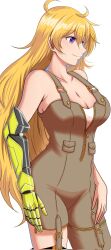 1girls blonde_female blonde_hair cleavage kumanosigenium1 long_hair long_hair_female no_bra purple_eyes robotic_arm rwby solo_female yang_xiao_long