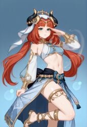 ai_generated aqua_eyes bangs bare_shoulders blue_background blue_skirt blush breasts brokewyt brooch crop_top detached_sleeves fake_horns female foot_out_of_frame genshin_impact gladiator_sandals gold_footwear gold_trim gradient gradient_background hand_up harem_outfit horns jewelry leg_up long_hair long_sleeves looking_at_viewer low_twintails medium_breasts midriff navel neck_ring nilou_(genshin_impact) parted_bangs parted_lips puffy_long_sleeves puffy_sleeves red_hair sandals skirt small_breasts solo standing standing_on_one_leg stomach sweat thighlet thighs toenail_polish toenails toes twintails veil white_headwear
