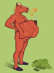 abs after_vore anthro anthro_pred ass athletic athletic_anthro athletic_male balls belly beverage biceps big_belly bodily_fluids body_outline breasts broken_phone burping clothing coffee coffee_mug container cup curled_up death digestion digital_media_(artwork) equid equine erection fatal_vore fetal_pose genital_fluids genitals hair hi_res holding_object horse humanoid_genitalia humanoid_penis imprint male male_pred mammal muscular muscular_anthro muscular_male navel nipples nude open_mouth orange_body orange_skin penis pixel_(artwork) precum same_size_vore saranhe simple_background solo stomach_bulge thick_thighs vore wet wet_clothing