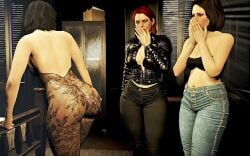 3girls ai_assisted ass ass_focus ass_up bare_shoulders belly_button bodysuit breasts brown_eyes brown_hair cait_(fallout) cleavage fallout_4 female funny hands_on_mouth jeans light-skinned_female looking_at_another looking_at_ass medium_hair milf nora_(fallout_4) pale-skinned_female pale_skin piper_wright pose posing red_hair room suprised surprised_expression thick_ass