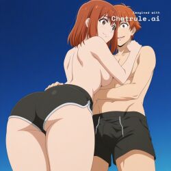1boy 1girl ai_assisted ai_generated anime_coloring anime_screencap brown_eyes curvy_body detailed_face femboy hug hugging_from_behind looking_back narrow_waist nervous_expression nervous_smile official_art official_style orange_hair penis_bulge short_hair standing tight_shorts topless view_from_below wide_hips