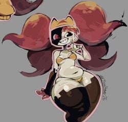 bikini blush blush_lines ena_(dream_bbq) red_eyes red_hair taski_maiden_(ena) thick_thighs thighs thighs_bigger_than_head tummy twintails yellow_bikini