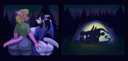 absurd_res anthro ass balls big_balls big_breasts big_butt black_hair blonde_hair blue_border border bottomwear breasts butt_grab camping_tent clothing comic denim denim_bottomwear denim_clothing dragon duo female forest forest_background genitals hair hand_on_butt hi_res horn huge_breasts huge_butt jeans kaboozle leotard male male/female mythological_creature mythological_scalie mythology nature nature_background pants plant scalie sex shadow_sex shirt silhouette silhouetted_sex swissy tail tent terru thick_thighs topwear tree two_panel_image wings