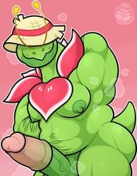 anthro arm_hair body_hair clothing elemental_creature erection facial_hair flora_fauna generation_2_pokemon genitals glans green_body hat headgear headwear hi_res male meganium muscular muscular_male nintendo nipples nude pecs penis plant pokemon pokemon_(species) raised_arm scalie simple_background solo sun_hat tail ursa-m1nor vein