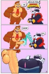 anthro anus ape ass badger balls beefkek big_balls big_butt big_penis bottomwear bottomwear_down bradley_(bradley_the_badger) clothed clothing controller cross-popping_vein donkey_kong_(character) donkey_kong_(series) duo english_text genital_growth genitals gorilla greeting growth haplorhine hi_res male male/male mammal muscular mustelid musteline nintendo pants pants_down partially_clothed pecs penis penis_growth presenting presenting_hindquarters primate shocked slightly_chubby text undressing vein veiny_muscles