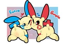 ambiguous_gender anthro anus anus_only artist_name ass biped blue_eyes border cheek_markings digital_media_(artwork) duo face_squish facial_markings fairyfudge featureless_crotch frown generation_3_pokemon gradient_background head_markings heart_symbol kneeling markings minun nintendo null one_eye_closed plusle pokemon pokemon_(species) rear_view red_eyes simple_background smile squish tail text white_border