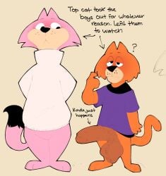 2026 absurd_res anthro arrow_sign balls big_balls big_penis black_clothing black_eyes black_nose black_shirt black_t-shirt black_tail black_topwear blush bottomless brain_(top_cat) choo-choo_(top_cat) clothed clothing cross-eyed digital_media_(artwork) domestic_cat duo english_text felid feline felis fur genitals half-closed_eyes hands_behind_back hanna-barbera hi_res huge_balls huge_cock looking_at_another looking_at_genitalia looking_at_penis male male/male mammal multicolored_body multicolored_fur narrowed_eyes orange_body orange_ears orange_fur orange_tail partially_clothed penis pink_body pink_ears pink_fur pink_tail purple_clothing purple_shirt purple_t-shirt purple_topwear question_mark shirt small_but_hung standing sushiamazing sweater t-shirt tail tan_body tan_fur text top_cat_(series) topwear two_tone_body two_tone_fur two_tone_tail vein veiny_penis white_clothing white_sweater white_topwear