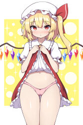 rizento touhou touhou_project tagme 1girls 1girl 1female light-skinned_female light_skin simple_background imageflandre_scarlet blonde_hair blonde_female blonde blonde-haired_female blonde_hair_female red_eyes mob_cap wings vampire vampire_girl