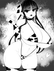 animal_ears animal_print artificial_vagina bikini blunt_bangs breasts censored cleavage collarbone commentary_request cow_ears cow_print cow_print_bikini cow_print_gloves cow_print_thighhighs curvy female gloves greyscale groin haseru_(ginku_mh) heart heart-shaped_pupils heart_censor holding holding_sex_toy huge_breasts long_hair looking_at_viewer monochrome navel oerba_yun_fang open_mouth original print_bikini print_gloves print_thighhighs pussy_juice sex_toy short_eyebrows skin_fang solo sweat swimsuit symbol-shaped_pupils thighhighs