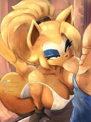 2d 2d_(artwork) 2d_artwork abdominal_muscles anonymous_male big_ass big_boobies big_booty big_breasts big_butt big_thighs big_titties blowjob blue_eyes blue_eyeshadow branuzzz breast_squeeze breasts_bigger_than_head bubble_ass bubble_butt cleavage cleavage_overflow eyelashes fluffy_tail gloves huge_breasts large_breasts muscular_male ponytail sega sideboob smiling smug_face sonic_(series) sonic_the_hedgehog_(idw) sonic_the_hedgehog_(series) stockings sucking sucking_penis whisper_the_wolf white_shirt wolf_ears wolf_girl wolf_tail