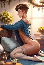 ai_generated arched_back ass big_ass big_butt bottomless boy brown_hair bubble_ass bubble_butt clothes_lift cup from_side hazel_eyes indoors lace lace-trimmed_thighhighs lace_trim male nylons off_shoulder on_knees pillow plump_ass round_ass round_butt side_view solo stockings tallcallipygian tcallipygian teacup teapot thick_thighs thighhighs thighs undercut white_thighhighs window