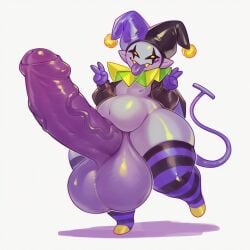 1boy ai_generated anthro balls big_balls big_butt big_penis clothing deltarune double_v_sign erection fool's_hat genitals gesture girly glistening glistening_body hat headgear headwear hi_res holidays huge_balls huge_cock huge_thighs humanoid humanoid_genitalia humanoid_penis hyper hyper_balls hyper_genitalia hyper_penis imp jester jevil_(deltarune) legwear long_penis looking_at_viewer male male_only mostly_nude not_furry pattern_clothing penis purple_body short_stack simple_background solo striped_clothing teapot_(body_type) thick_thighs thigh_highs tongue tongue_out twinkaton undertale_(series) v_sign vein veiny_penis wide_hips