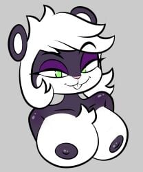 anthro big_breasts black_body black_fur breasts buckteeth female fur hi_res looking_at_viewer mammal nipples rodent sciurid skylor_(violetghost) smile smiling_at_viewer solo teeth violetghost white_body white_fur