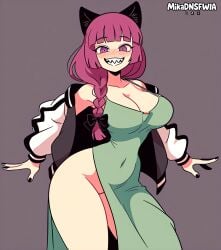 ai_generated animal_ears black_bow blunt_bangs bocchi_the_rock! cat_ears cleavage curvy female green_dress hair_over_shoulder hairbow hiroi_kikuri large_breasts long_hair long_sleeves looking_at_viewer mikadnsfwia narrow_waist navel open_jacket purple_eyes purple_hair sharp_teeth single_braid smile solo thick_thighs wide_hips