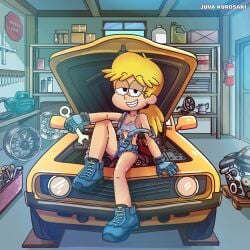 aged_up blonde_female blonde_hair bra car commission commissioner_upload garage gloves juva_kurosaki lana_loud mechanic ponytail posing posing_for_picture revealing_clothes revealing_outfit the_loud_house tied_hair