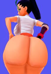 bottomless brown_eyes dark-skinned_female dumptruck_ass female female_only green_hair huge_ass huge_breasts nemona_(pokemon) no_panties pokemon pokemon_trainer ponytail presenting_ass solo_female solo_focus thick_thighs wide_hips