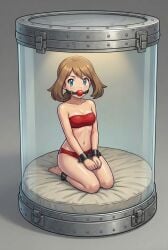 1girls 2d ai_generated ankle_cuffs ankles_tied ball_gag blue_eyes bondage brown_hair brunette_hair captured captured_heroine container female female_focus female_only glass_container hands_tied_in_front in_container kneeling light_skin looking_at_viewer may_(pokemon) pokemon strapless_bra tied_up tight_clothing wrist_cuffs wrists_tied