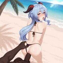 1boy ahe_gao ahoge ai_generated anal anus ass beach bikini bikini_bottom_aside black_bikini blue_hair blush brokewyt clothing_aside dark-skinned_male dark_skin day female from_behind ganyu_(genshin_impact) genshin_impact goat_horns horns interracial large_penis long_hair looking_back motion_lines ocean open_mouth outdoors penis pov purple_eyes rolling_eyes sand sex sex_from_behind sky solo_focus straight sun sunlight swimsuit tongue tongue_out tree uncensored vaginal_penetration veins veiny_penis
