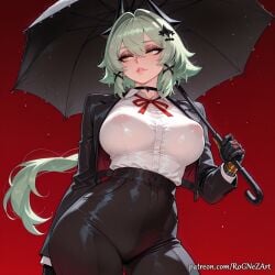 2025 ai_generated anime bangs black_gloves black_pants breasts caesar_king caesar_king_(zenless_zone_zero) choker cleavage covered_nipples crossover female female_focus gloves green_hair hair_accessory hair_between_eyes hair_intakes hair_ornament handwear high-waist_pants highres holding holding_umbrella hoyoverse huge_breasts jacket large_breasts lips long_hair long_sleeves looking_to_the_side mihoyo nsfw pants parted_lips patreon red_background ribbon rognezart shirt shirt_tucked_in solo umbrella very_long_hair white_shirt x_hair_ornament yellow_eyes zenless_zone_zero