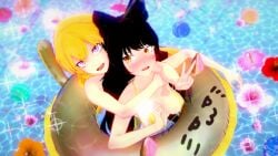 2girls black_hair black_hair_female blake_belladonna blonde_female blonde_hair canon_couple float_ring half-dressed half_naked half_naked_female logang45 long_hair long_hair_female pool rwby yang_xiao_long