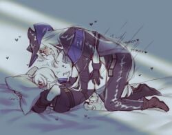 2girls arknights black_gloves black_hat black_pants blush brown_shoes commentary english_commentary futa_with_female futanari gloves grey_hair hat heart highres hugging_object long_hair mixed-language_commentary multiple_girls open_mouth orz_(kagewaka) pants pillow sex shoes skadi_(arknights) specter_(arknights)