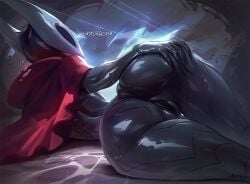 2026 anthro arthropod ass black_body bottomless claws cloak clothed clothing curvy_figure digital_media_(artwork) female finger_claws genitals glistening glistening_body glistening_butt hand_on_butt hollow_knight_(franchise) horn hornet_(hollow_knight) insects lying mostly_nude on_side presenting presenting_hindquarters rear_view red_cloak red_clothing red_vulva segmented_body signature skygracer small_waist solo spread_butt spreading team_cherry thigh_gap vulva