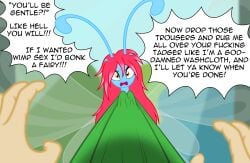 absurd_res amber_eyes angry antennae_(anatomy) badumsquish blue_body breezie_(mlp) clothing detailed_background dialogue duo english_text equid fairy fan_character female female_on_human feral first_person_view flannel_(badumsquish) friendship_is_magic hair hasbro hi_res human human_on_feral human_pov insect_wings interspecies looking_at_viewer male male_on_feral male_pov mammal my_little_pony profanity red_hair shirt t-shirt text topwear wings you_bed_now zoophilia