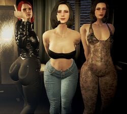 3girls angry_expression angry_face ass bare_shoulders belly_button bodysuit breasts brown_eyes brown_hair cait_(fallout) cleavage fallout_4 female jeans light-skinned_female looking_at_another looking_at_viewer medium_hair middle_finger milf nora_(fallout_4) pale-skinned_female pale_skin piper_wright pose posing red_hair room