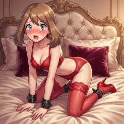 1girls 2d ai_generated ankle_cuffs bed blue_eyes blush brown_hair brunette_hair drooling female female_focus female_only kneeling light_skin lingerie looking_at_viewer may_(pokemon) on_all_fours on_bed open_mouth pokemon stiletto_heels stockings tight_clothing wrist_cuffs